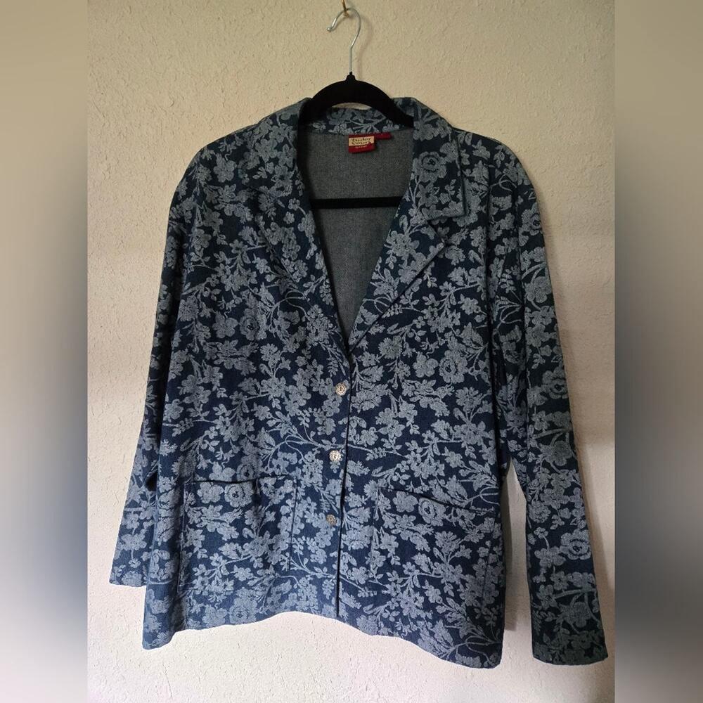 Elegant Blue JEAN Floral Blazer with Lapel Collar